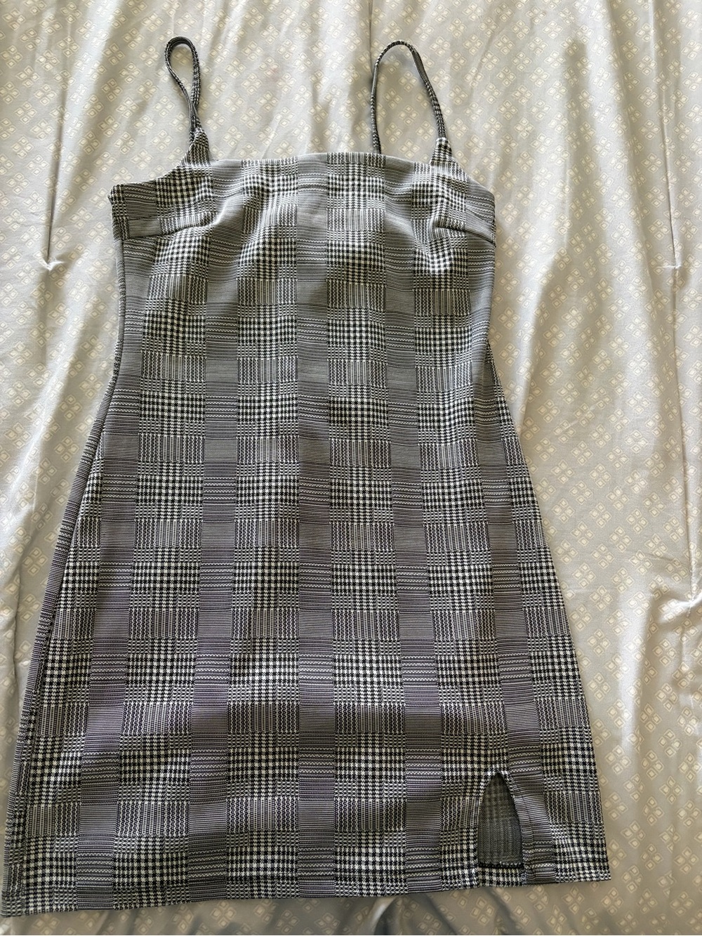 Plaid Spaghetti-Strap Bodycon Dress in Gray